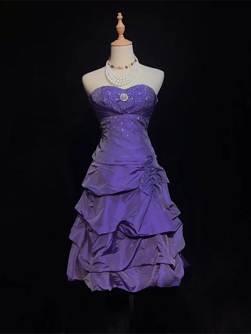 Purple Strapless Sequined Tiered Short Party Dress, Cute Purple Knee Length Homecoming Dress