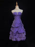 Purple Strapless Sequined Tiered Short Party Dress, Cute Purple Knee Length Homecoming Dress