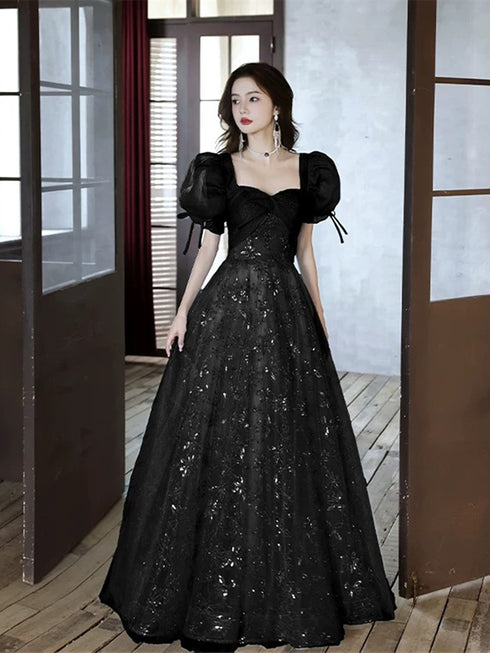 Black A-line Short Sleeves Sweetheart Tulle Party Dress, Black Floor Length Prom Dress