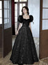 Black A-line Short Sleeves Sweetheart Tulle Party Dress, Black Floor Length Prom Dress