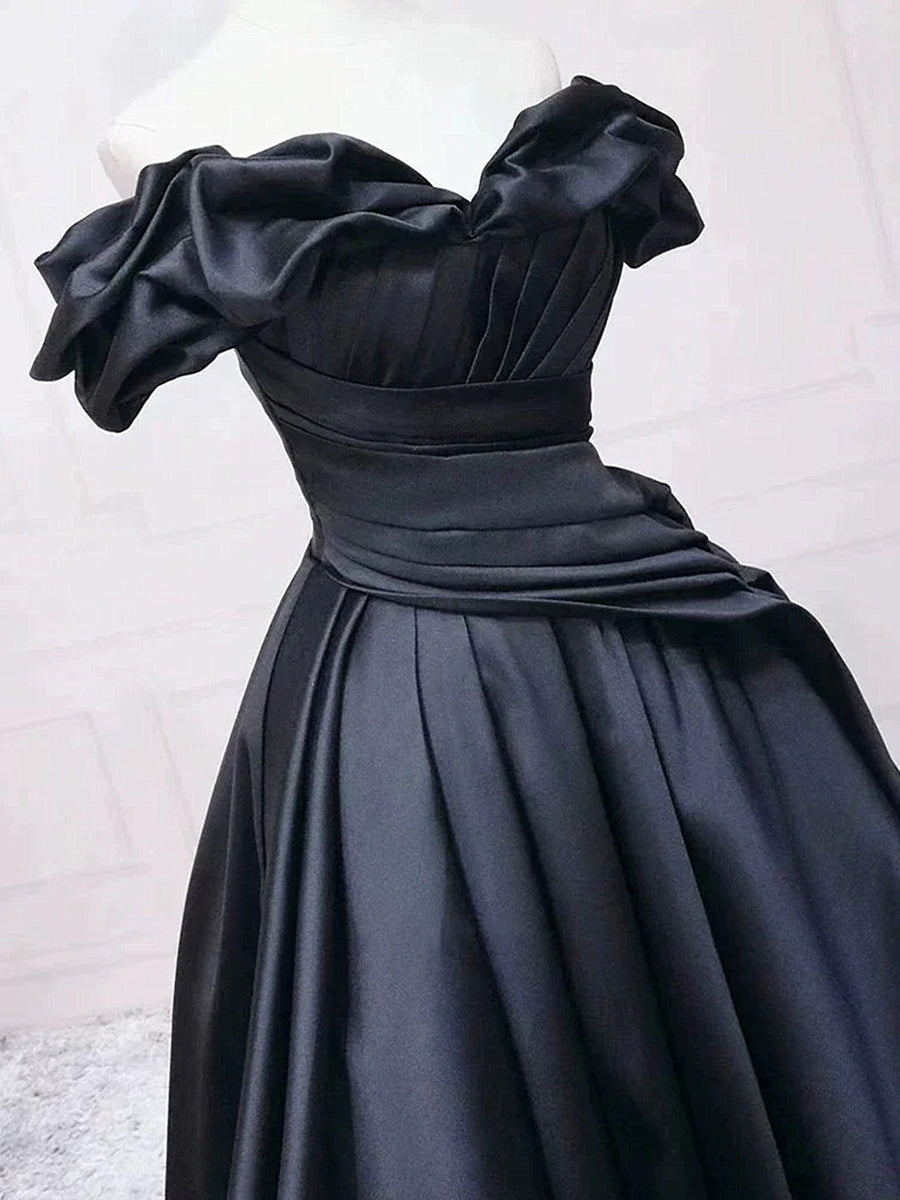 Black Satin Off the Shoulder Pleats Evening Prom Dress main image 0