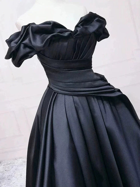 Black Satin Off Shoulder Sweetheart Long Party Dress, Black Satin Prom Dress