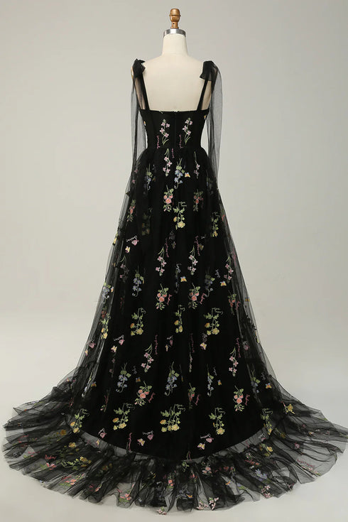 Black Floral Tulle Straps A-Line Long Party Dress, Black Tulle Prom Dress Evening Dress