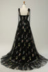Black Floral Tulle Straps A-Line Long Party Dress, Black Tulle Prom Dress Evening Dress