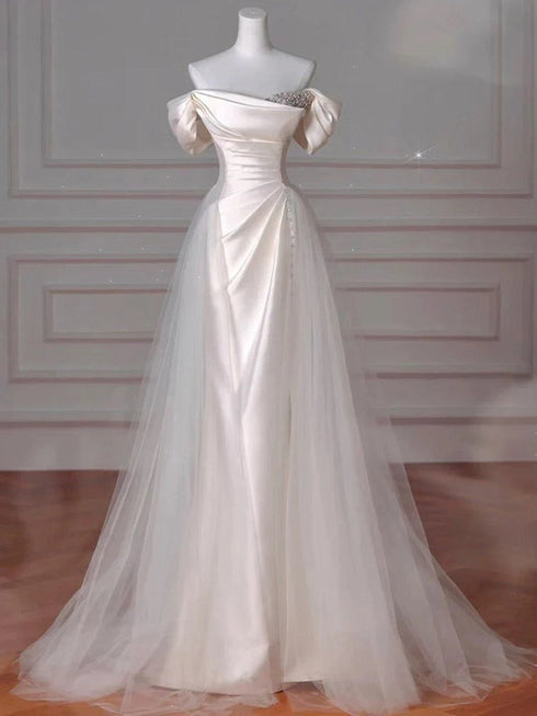 Ivory Satin and Tulle Beaded Off Shoulder Long ProM Dress, Ivory Satin Long Evening Gown