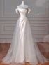 Ivory Satin and Tulle Beaded Off Shoulder Long ProM Dress, Ivory Satin Long Evening Gown