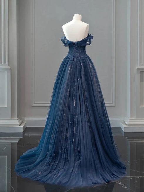A-line Navy Blue Sweetheart Tulle Long Party Dress, Navy Blue Prom Dress
