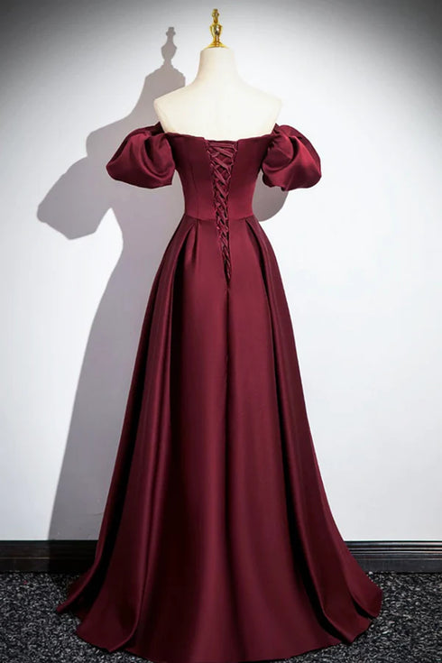 Wine Red Satin Off Shoulder Long Party Dress, Wine Red Satin Prom Dress