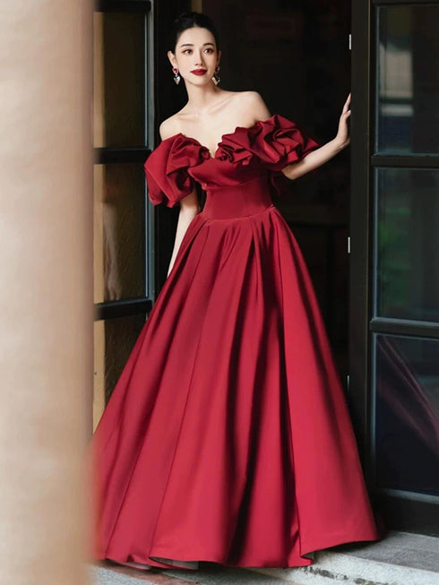 Wine Red Satin Off Shoulder Long Party Dress, Simple Wine Red Prom Dress