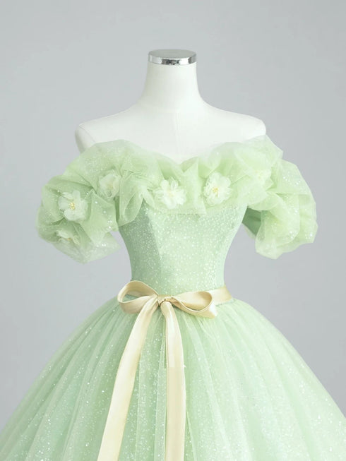 Light Green Tulle with Flowers A-line Party Dress, Light Green Tulle Prom Dress