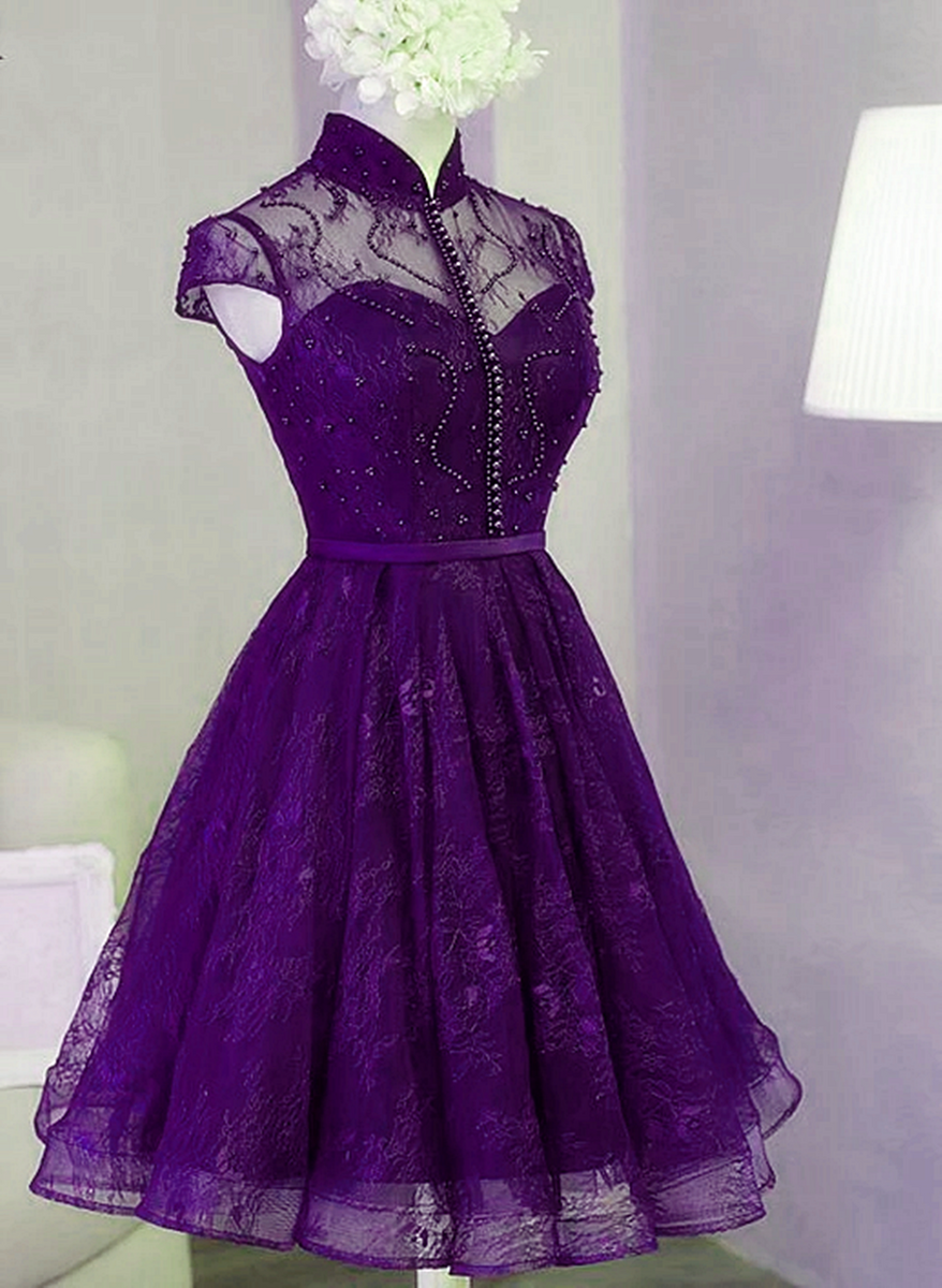 Knee Length Purple Homecoming Dress Purple Lace Knee Length