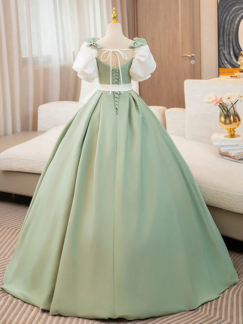 Light Green Satin Puffy Short Sleeves Long Party Dress, Light Green Satin Prom Dress