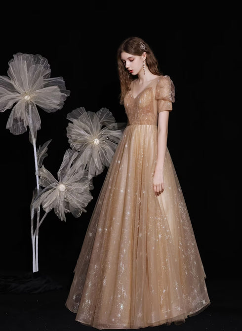 Champagne A-line V-neckline Tulle Short Sleeves Party Dress, Tulle Long Prom Dress