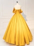 Gold Satin Floor Length Off Shoulder Party Dress, Gold Satin Prom Dress