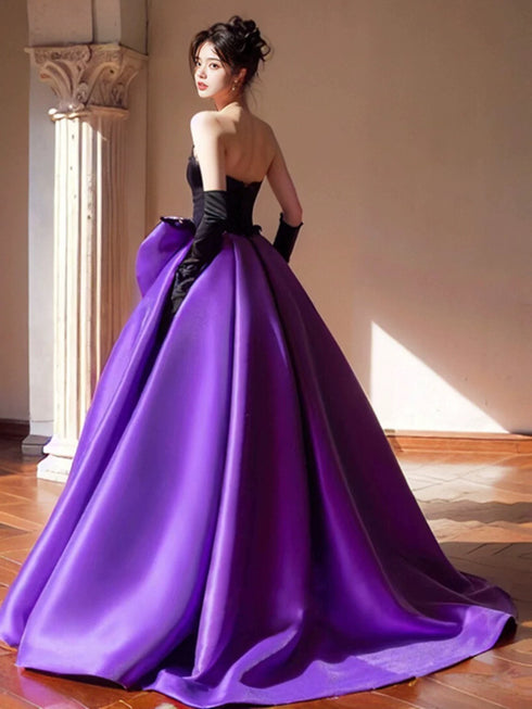 Chic Black and Purple Ball Gown Formal Dress with Bow, Black and Purple Prom Dress