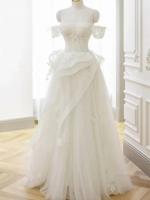 White A-line Off Shoulder Floor Length Prom Dress, Sweetheart Tulle Long Evening Dress Party Dress