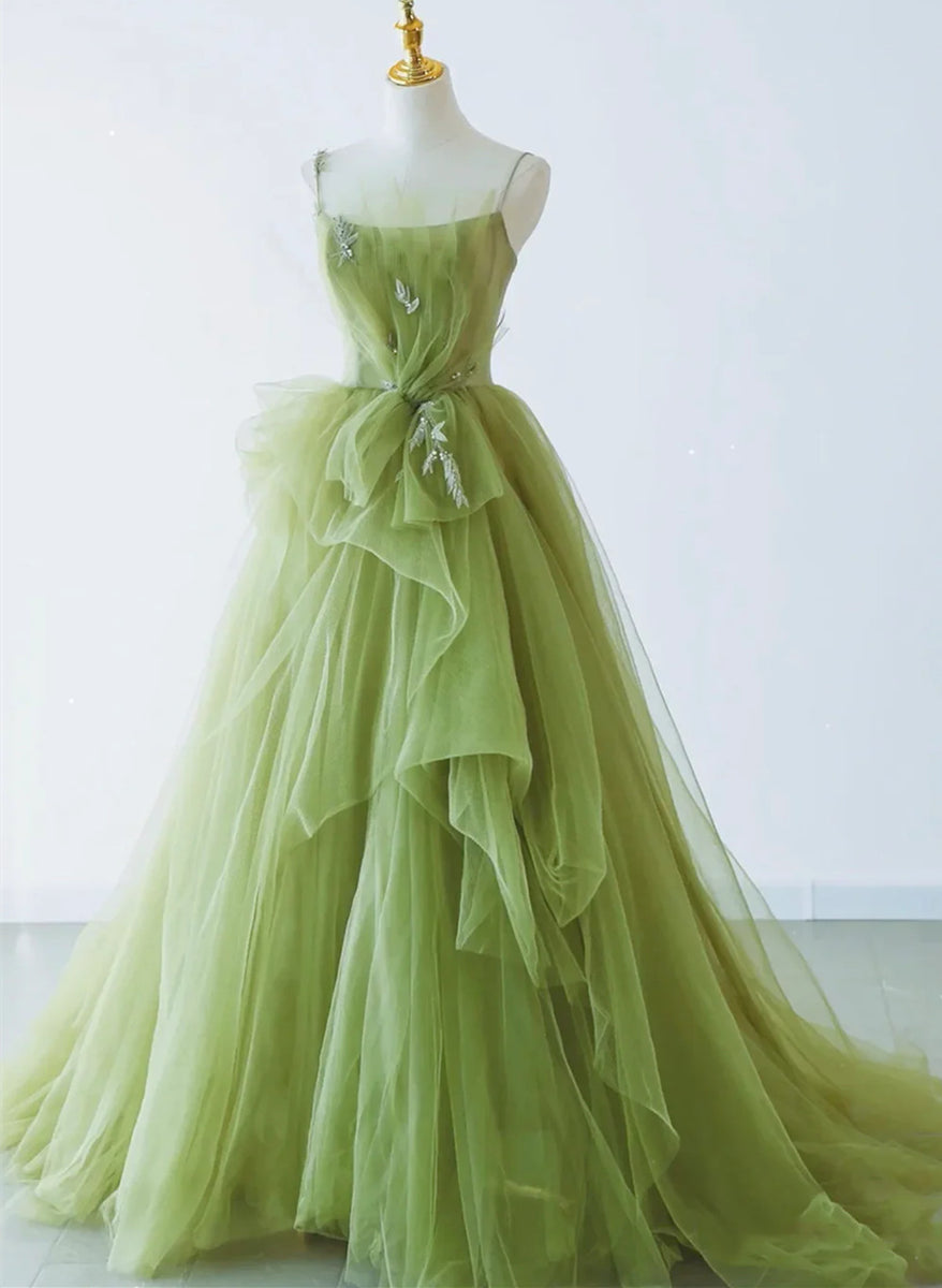 Light Green Tulle with Lace Cap Sleeves Long Evening Dress, Beautiful Green FormaL Dresses C2034 main image 1
