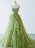 Green Tulle Straps Long Formal Dress, Green Tulle Evening Dress Party Dress
