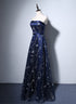 Navy Blue A-line Tulle Long Evening Dress, Navy Blue Prom Dress