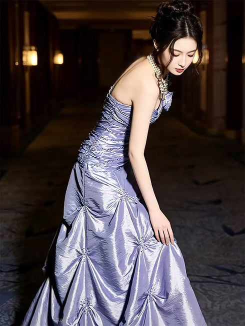 Elegant Light Purple One-Shoulder Prom Dress, Ruched Mermaid Beaded Party Dress Evening Dress