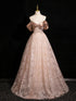 A-line Champagne Lace Off Shoulder Sweetheart Party Dress, Champagne Prom Dress