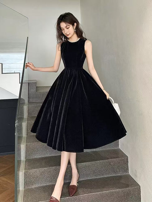 A-line Black Velvet Tea Length Round Neckline Party Dress, Black Velvet Prom Dress