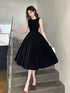 A-line Black Velvet Tea Length Round Neckline Party Dress, Black Velvet Prom Dress