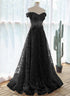 Black A-line Lace Off Shoulder Tulle with Lace Prom Dress, Black Long Evening Dress