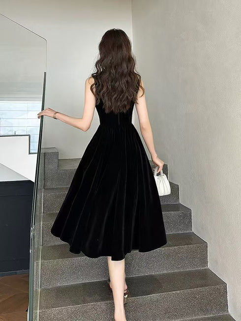A-line Black Velvet Tea Length Round Neckline Party Dress, Black Velvet Prom Dress