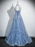 A-line Tulle Beaded Halter Long Open Back Prom Dress, Blue Party Dress