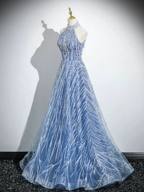 A-line Tulle Beaded Halter Long Open Back Prom Dress, Blue Party Dress