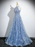 A-line Tulle Beaded Halter Long Open Back Prom Dress, Blue Party Dress