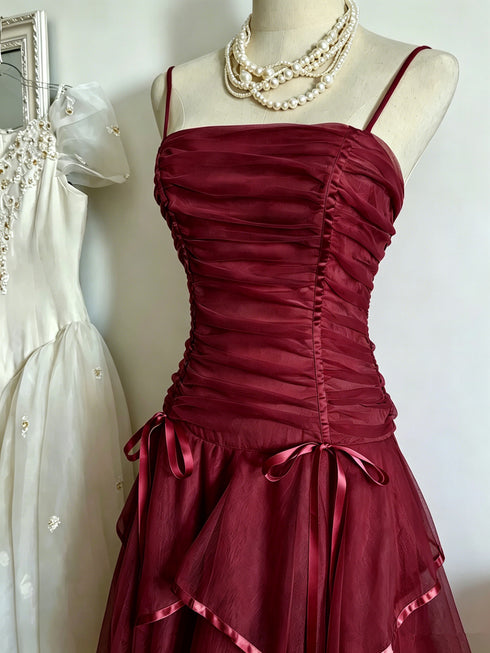Burgundy Spaghetti Strap Prom Dress, Tiered Ruffle Tulle Evening Gown Wedding Party Dress