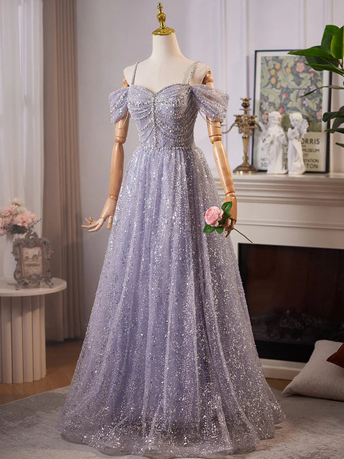 A-line Sliver Grey Beaded Shiny Tulle Long Formal Dress, Sweetheart Tulle Prom Dress