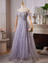 A-line Sliver Grey Beaded Shiny Tulle Long Formal Dress, Sweetheart Tulle Prom Dress