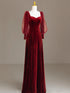 Wine Red Velvet Long Puffy Sleeves Prom Dress, Wine Red Wedding Party Dress