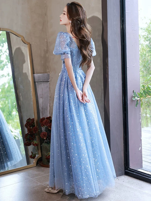 A-line Light Blue Short Sleeves Long Party Dress with Lace Applique, Blue Prom Dress