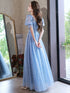 A-line Light Blue Short Sleeves Long Party Dress with Lace Applique, Blue Prom Dress
