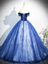 Blue Tulle with Lace Off Shoulder Party Dress, Blue Tulle Sweet 16 Dress