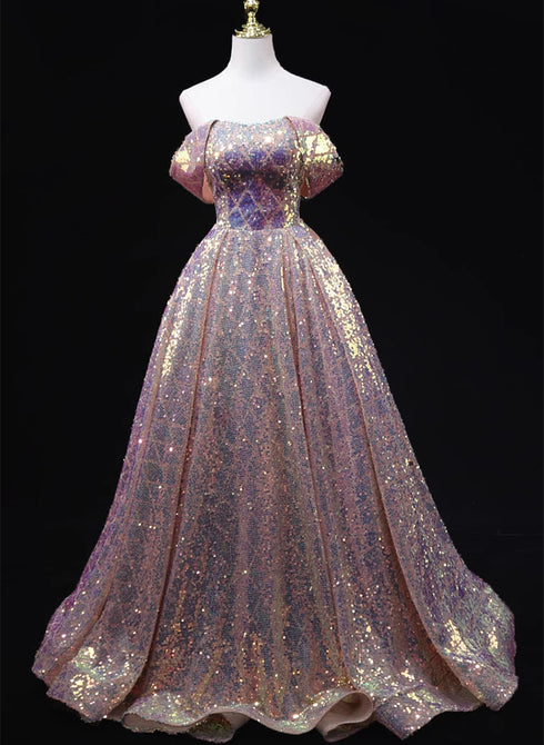 Pink Sequins Off Shoulder A-line Long Prom Dress, Sequins Evening Dress