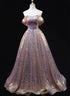 Pink Sequins Off Shoulder A-line Long Prom Dress, Sequins Evening Dress