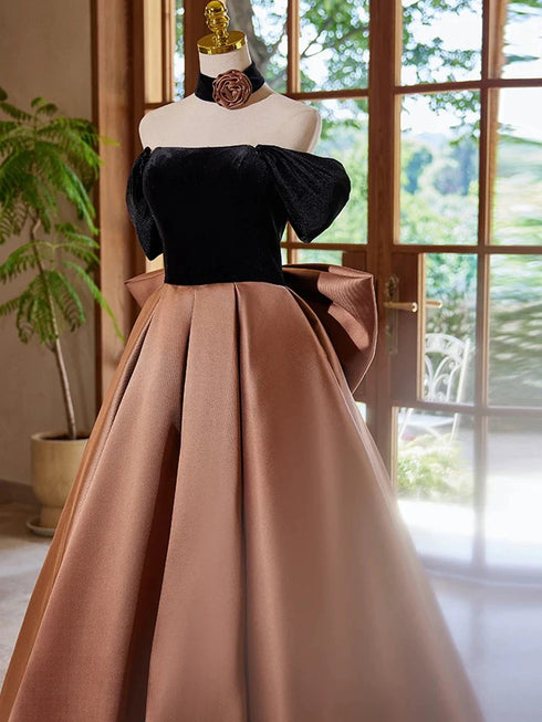 A-line Satin And Black Velvet Prom Dress, Off Shoulder Long Party Dress