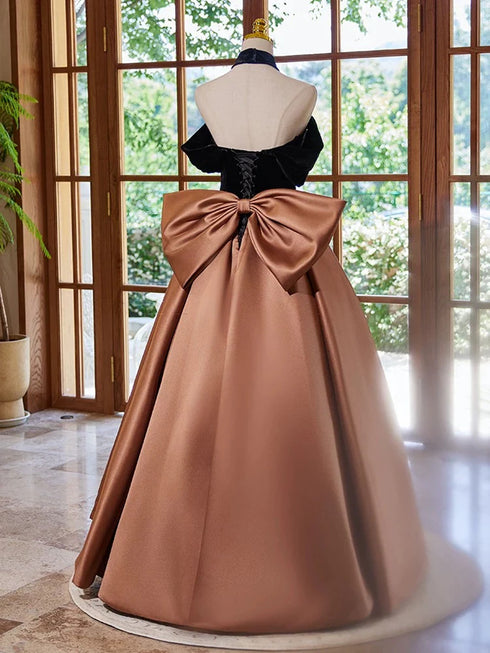 A-line Satin And Black Velvet Prom Dress, Off Shoulder Long Party Dress
