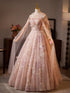 A-line Pink Tulle with Lace Floor Length Party Dress, Pink Lace Prom Dress with Cape