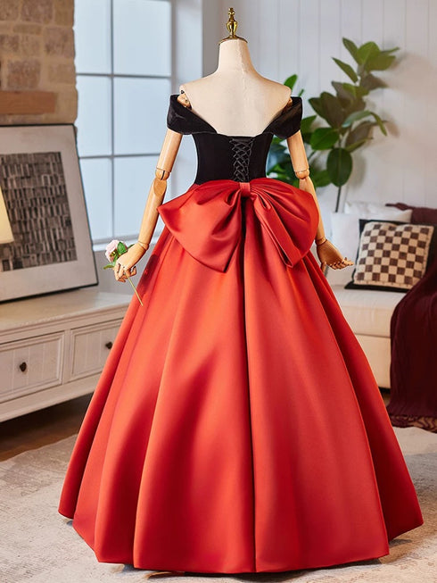 Red and Black Off Shoulder Satin Prom Dress, A-line Party Dress with Bow