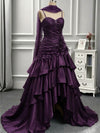 Purple Satin Straps Layers Long Prom Dress with Flowers, Purple High Low Formal Dress