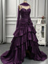 Purple Satin Straps Layers Long Prom Dress with Flowers, Purple High Low Formal Dress