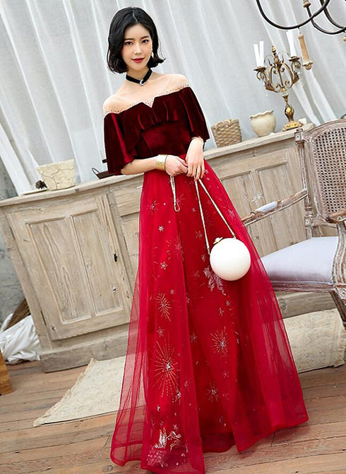 Wine Red Velvet and Tulle A-line Floor Length Party Dress, Wine Red Long Prom Dress