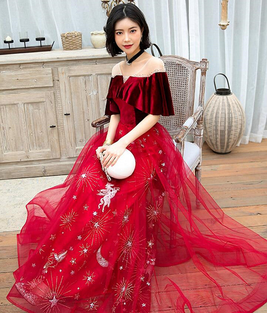 Burgundy Prom Off Shoulder Maroon Lace Long Dress Wine Red Velvet And Tulle  A-Line Floor