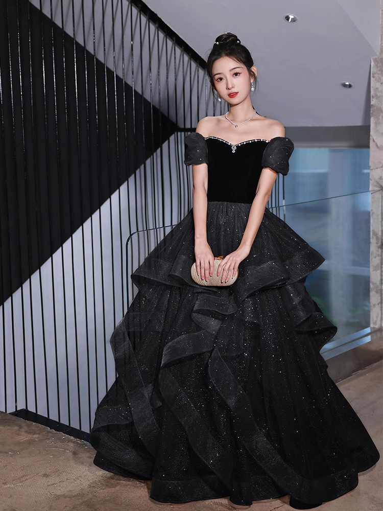 Black Off Shoulder Velvet Formal Party Dress Cocktail Dress, DP2794